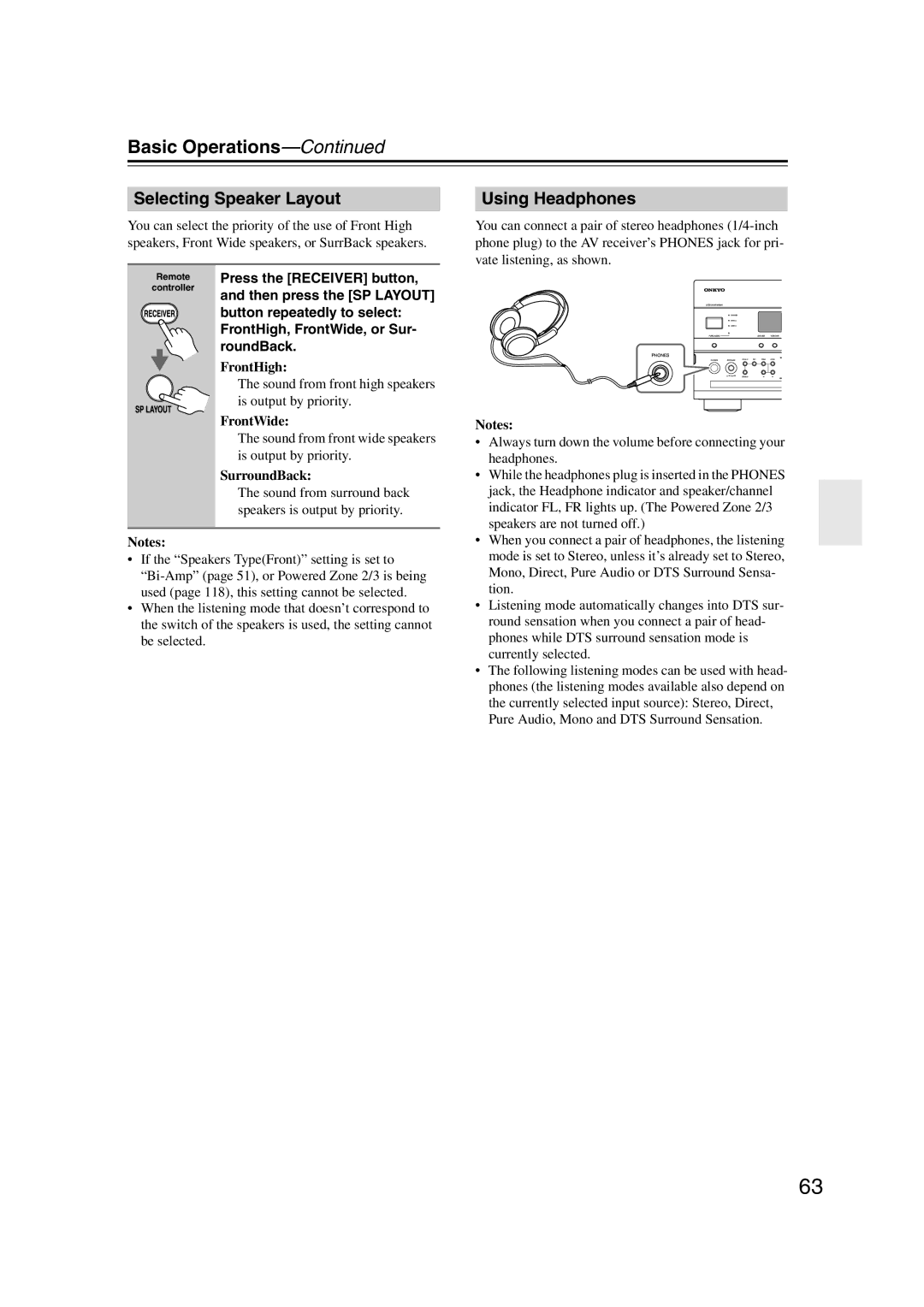 Onkyo 29400021 Selecting Speaker Layout, Using Headphones, Then press the SP Layout, FrontHigh, FrontWide, or Sur 