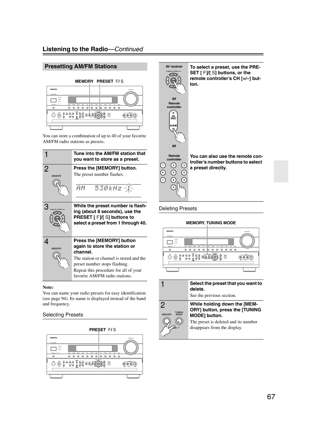 Onkyo HT-RC180, 29400021, TX-NR807 Listening to the Radio, Presetting AM/FM Stations, Selecting Presets, Deleting Presets 