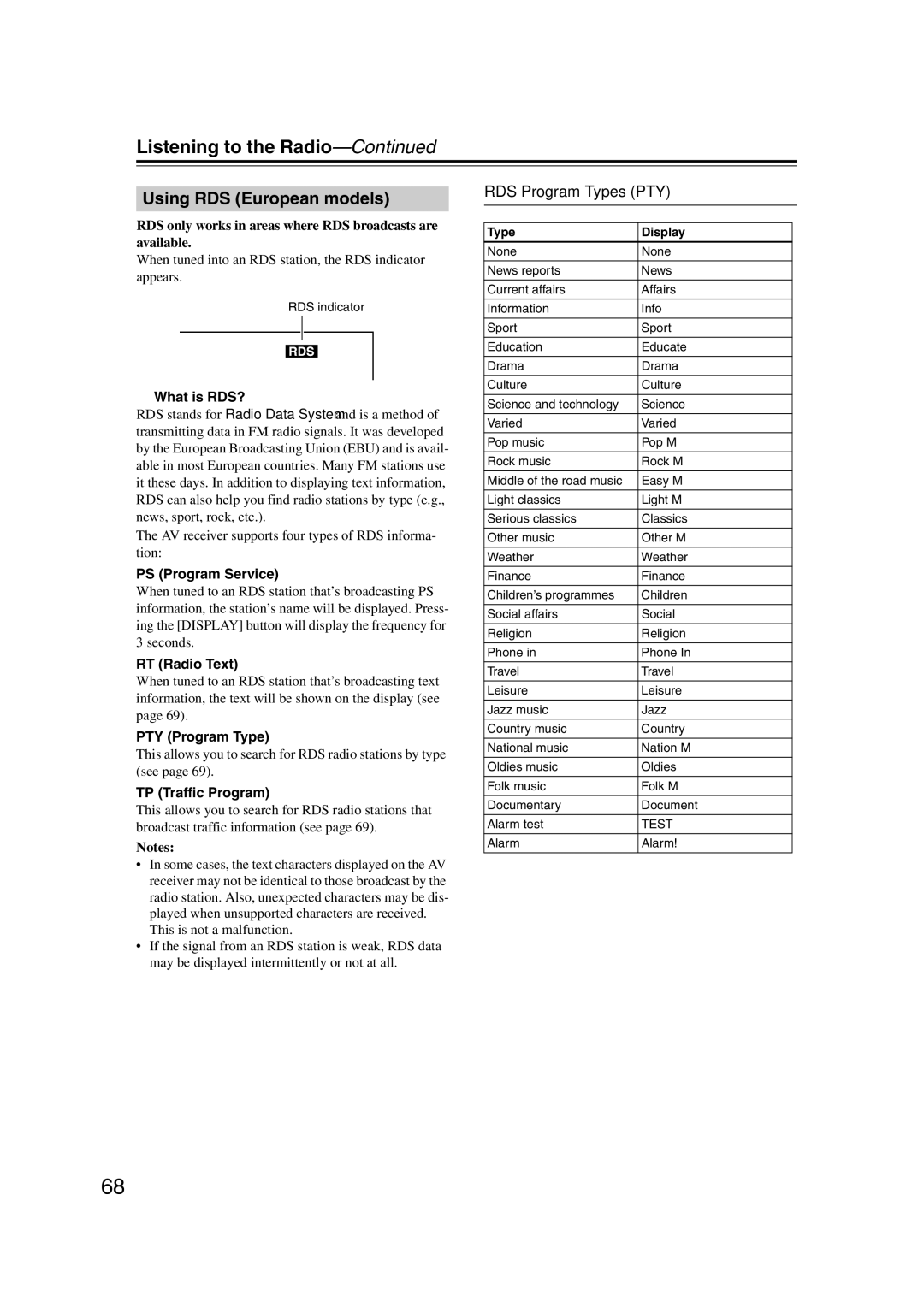 Onkyo TX-NR807, 29400021, HT-RC180 instruction manual Using RDS European models, RDS Program Types PTY 