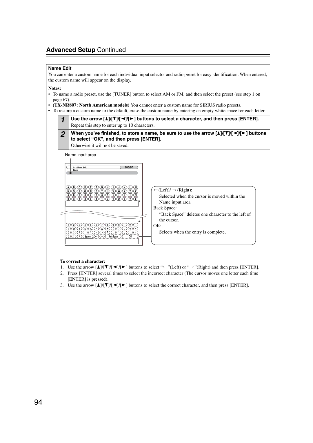 Onkyo HT-RC180, 29400021, TX-NR807 Name Edit, Repeat this step to enter up to 10 characters, Otherwise it will not be saved 