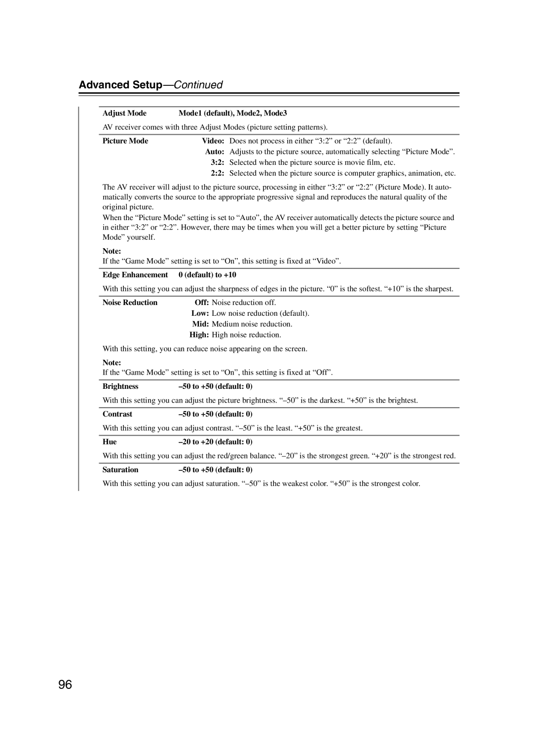 Onkyo 29400021 Adjust Mode, Selected when the picture source is movie film, etc, Edge Enhancement 0 default to +10, Hue 