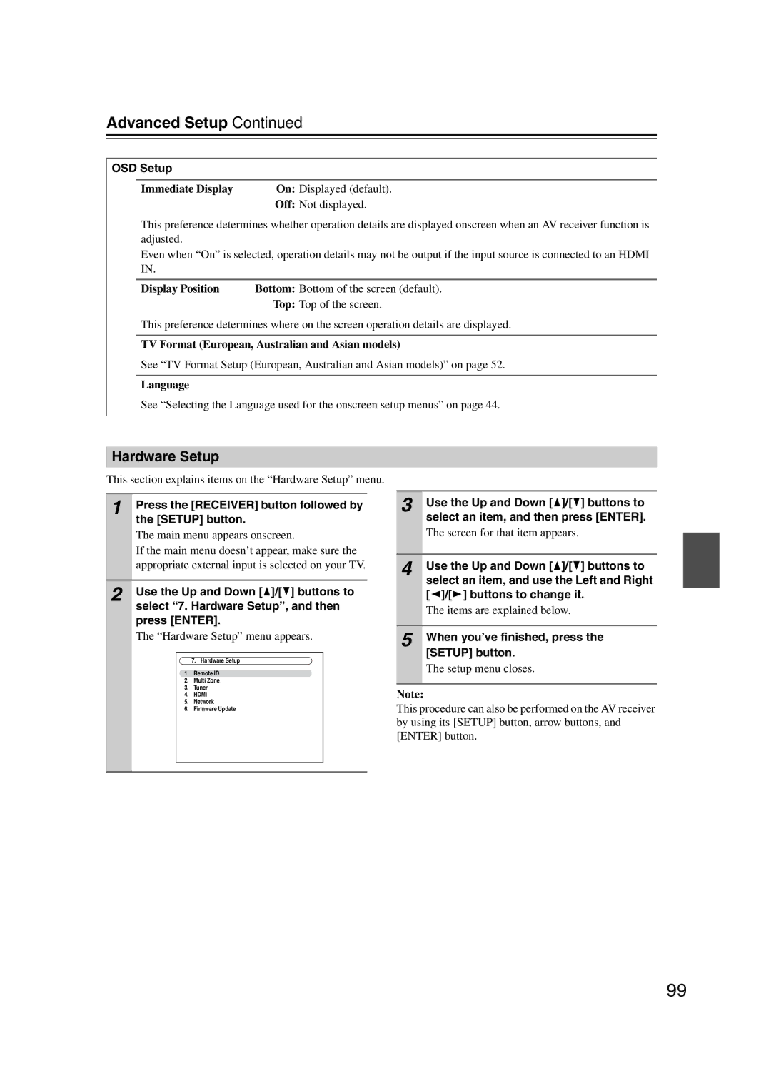 Onkyo 29400021, HT-RC180, TX-NR807 instruction manual Hardware Setup, OSD Setup 