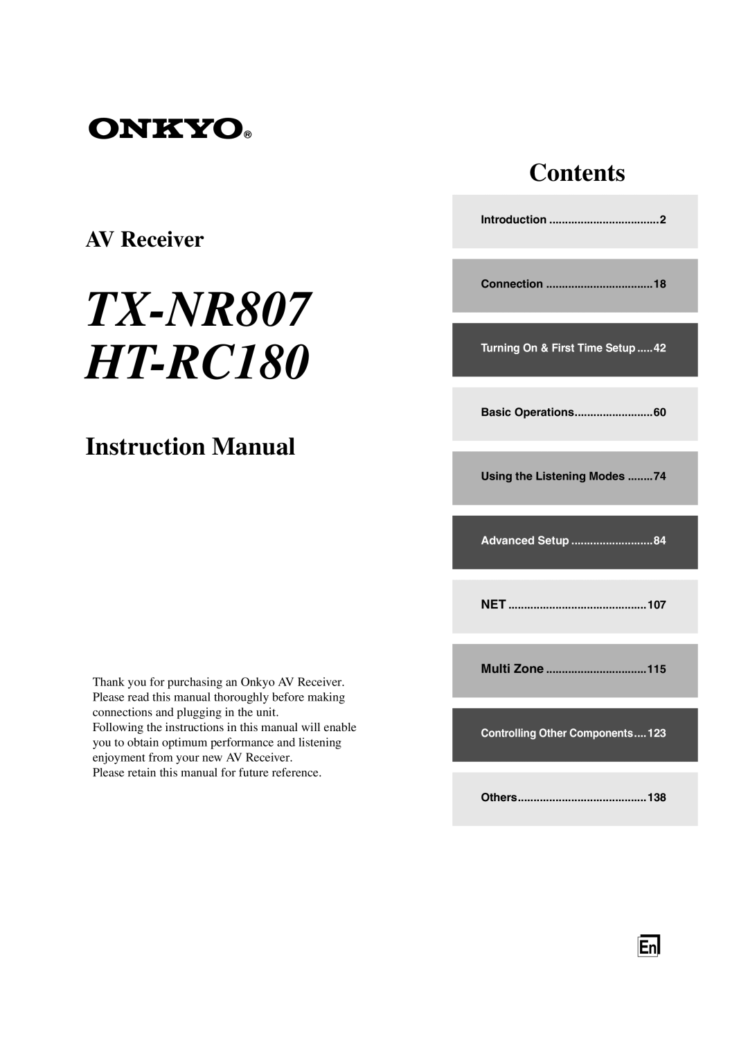Onkyo 29400021 instruction manual TX-NR807 HT-RC180, Contents, AV Receiver 