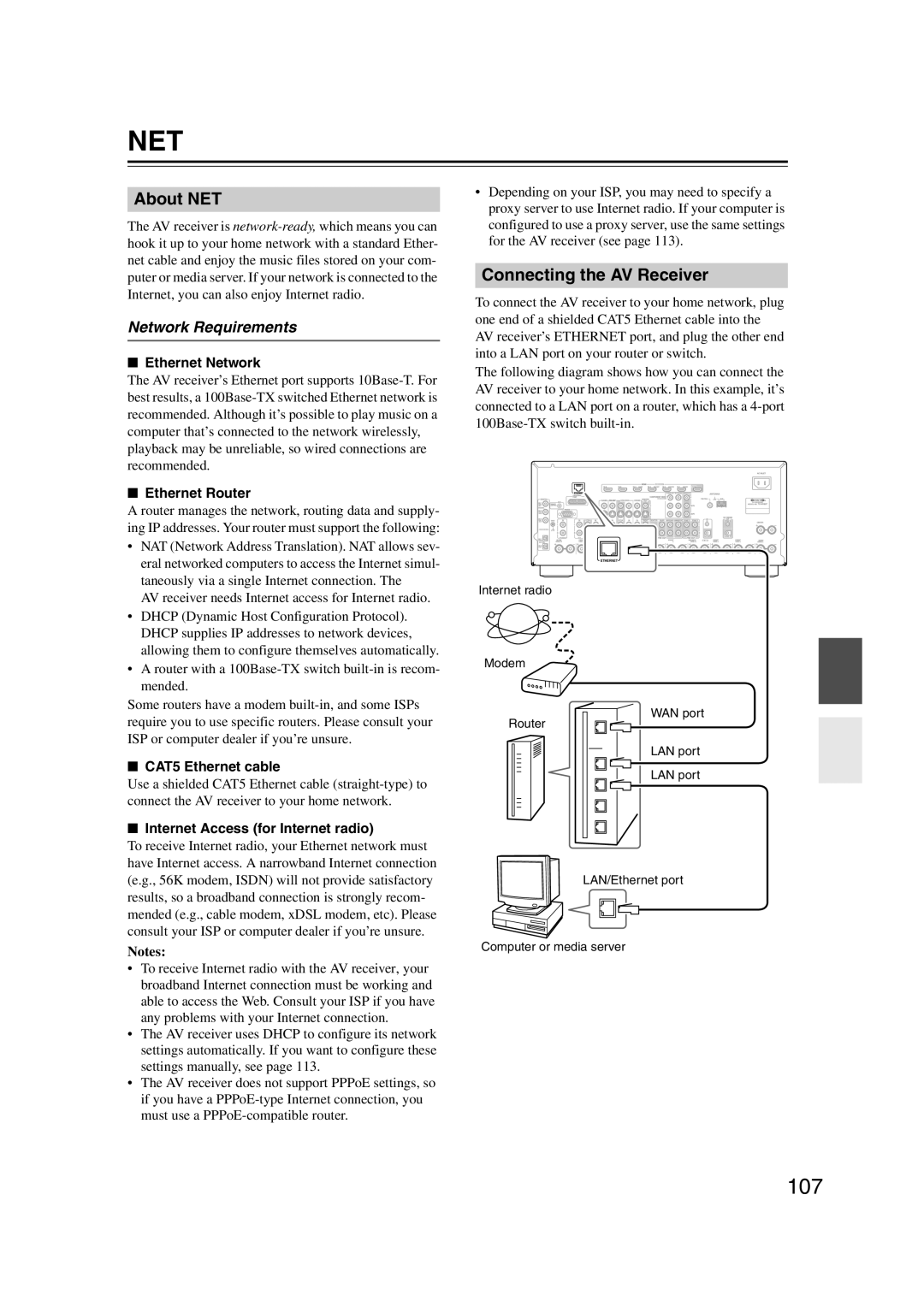 Onkyo TX-NR807, 29400021, HT-RC180 instruction manual About NET, Connecting the AV Receiver, Network Requirements, Notes 