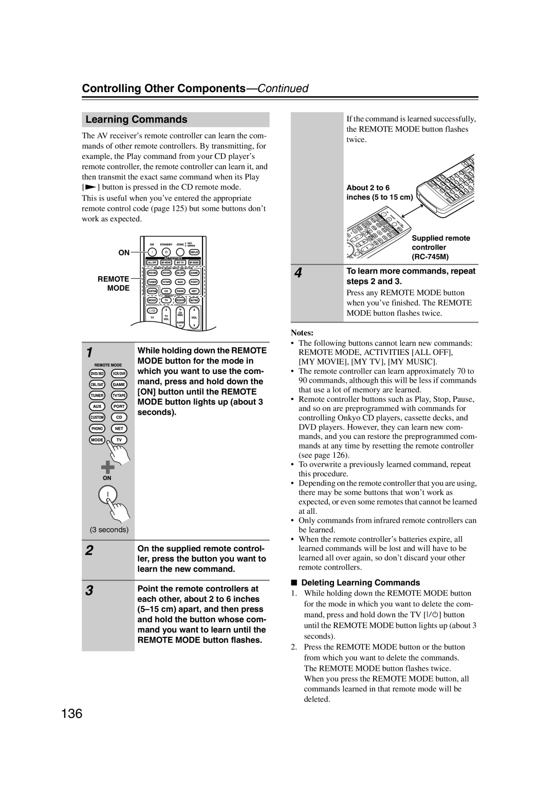 Onkyo HT-RC180, 29400021, TX-NR807 instruction manual Learning Commands, Controlling Other Components—Continued, Notes 