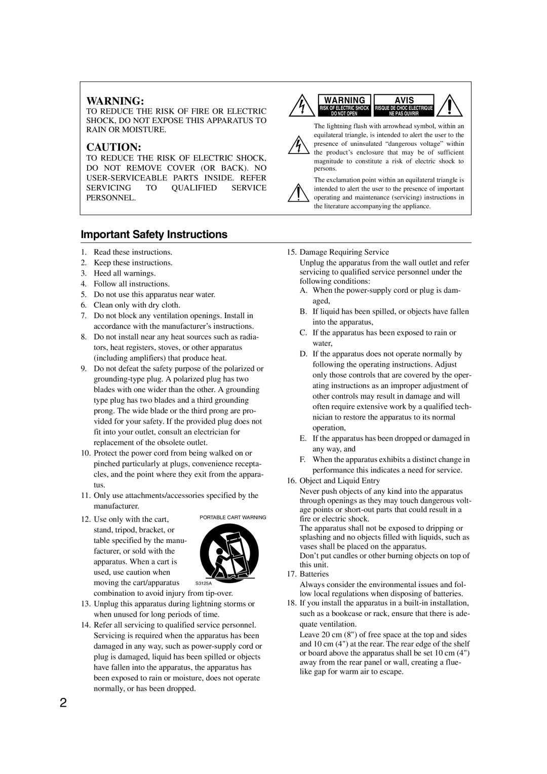 Onkyo TX-NR807, 29400021, HT-RC180 instruction manual Important Safety Instructions, Avis 
