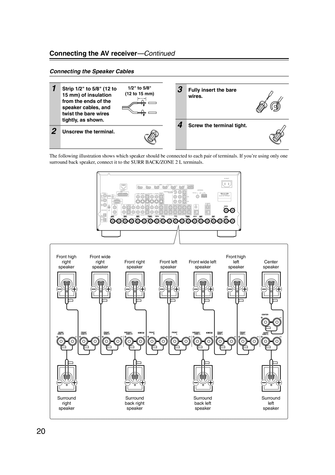 Onkyo TX-NR807 Connecting the Speaker Cables, Connecting the AV receiver—Continued, Strip 1/2 to 5/8 12 to, 12 to 15 mm 