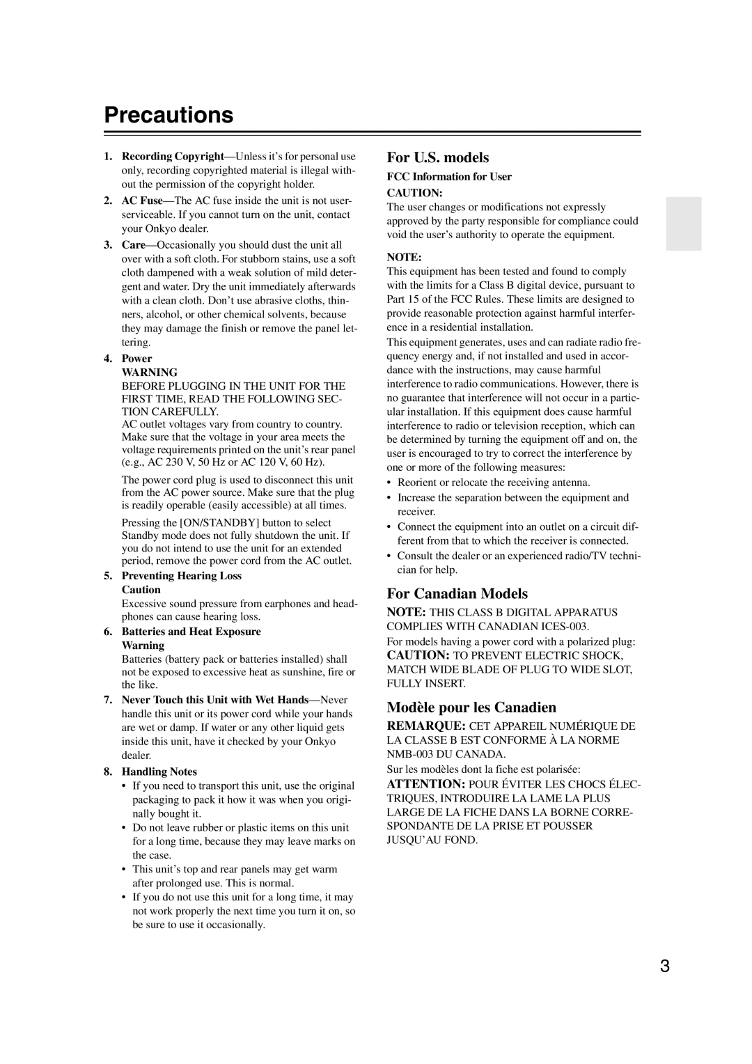 Onkyo 29400021 Precautions, For U.S. models, For Canadian Models, Modèle pour les Canadien, Power, Handling Notes 