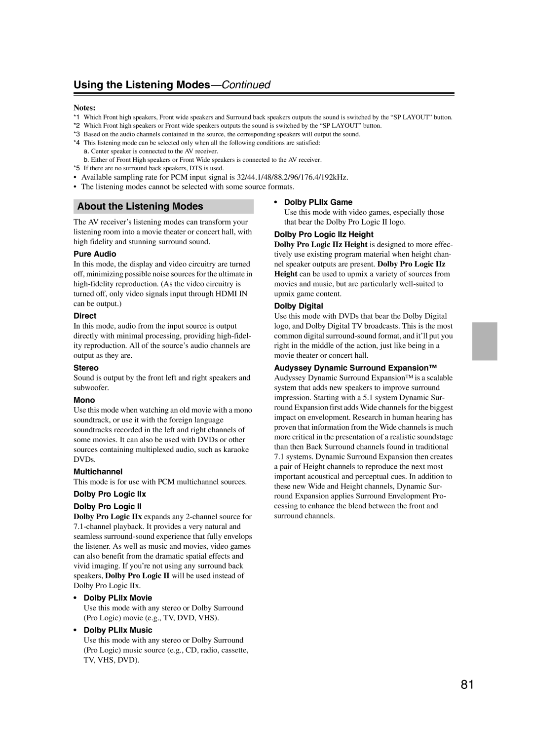 Onkyo 29400021, HT-RC180, TX-NR807 instruction manual About the Listening Modes, Using the Listening Modes—Continued, Notes 