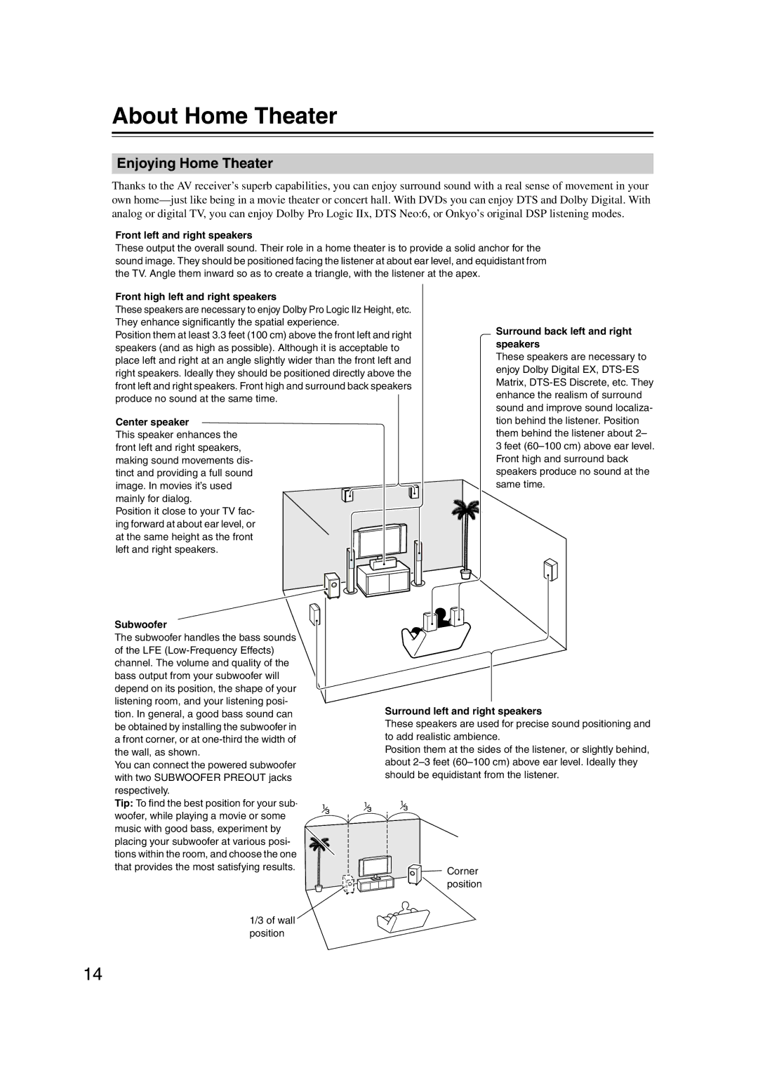 Onkyo 29400095 instruction manual About Home Theater, Enjoying Home Theater, Front left and right speakers, Center speaker 