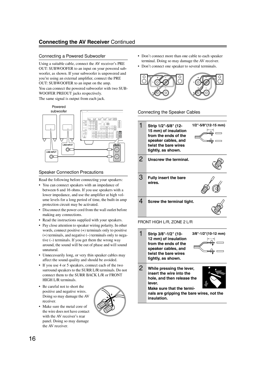 Onkyo 29400095 Connecting the AV Receiver, Connecting a Powered Subwoofer, Speaker Connection Precautions 