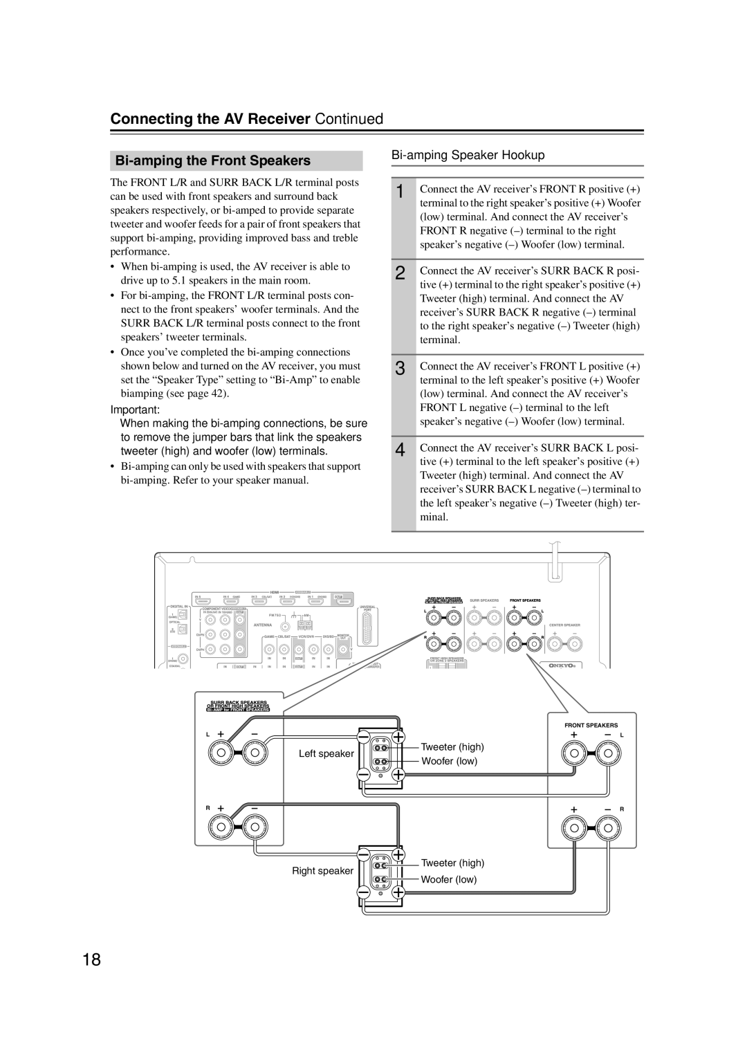 Onkyo 29400095 instruction manual Bi-amping the Front Speakers, Bi-amping Speaker Hookup 