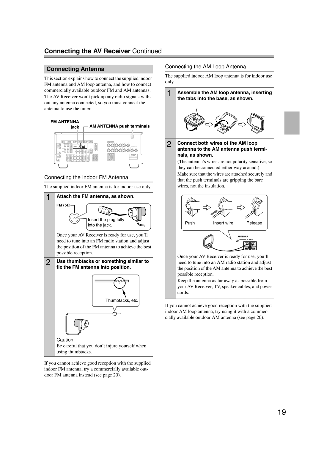 Onkyo 29400095 instruction manual Connecting Antenna, Connecting the Indoor FM Antenna, Connecting the AM Loop Antenna 