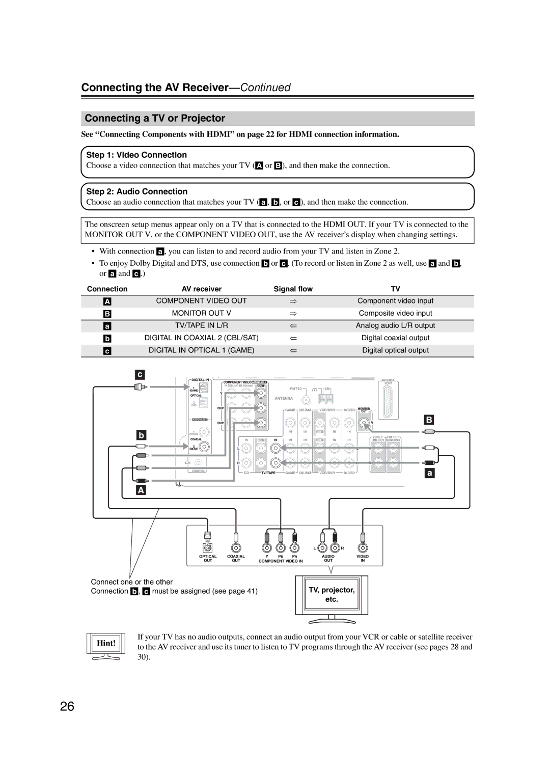 Onkyo 29400095 instruction manual Connecting a TV or Projector, Video Connection, Audio Connection, TV, projector Etc 