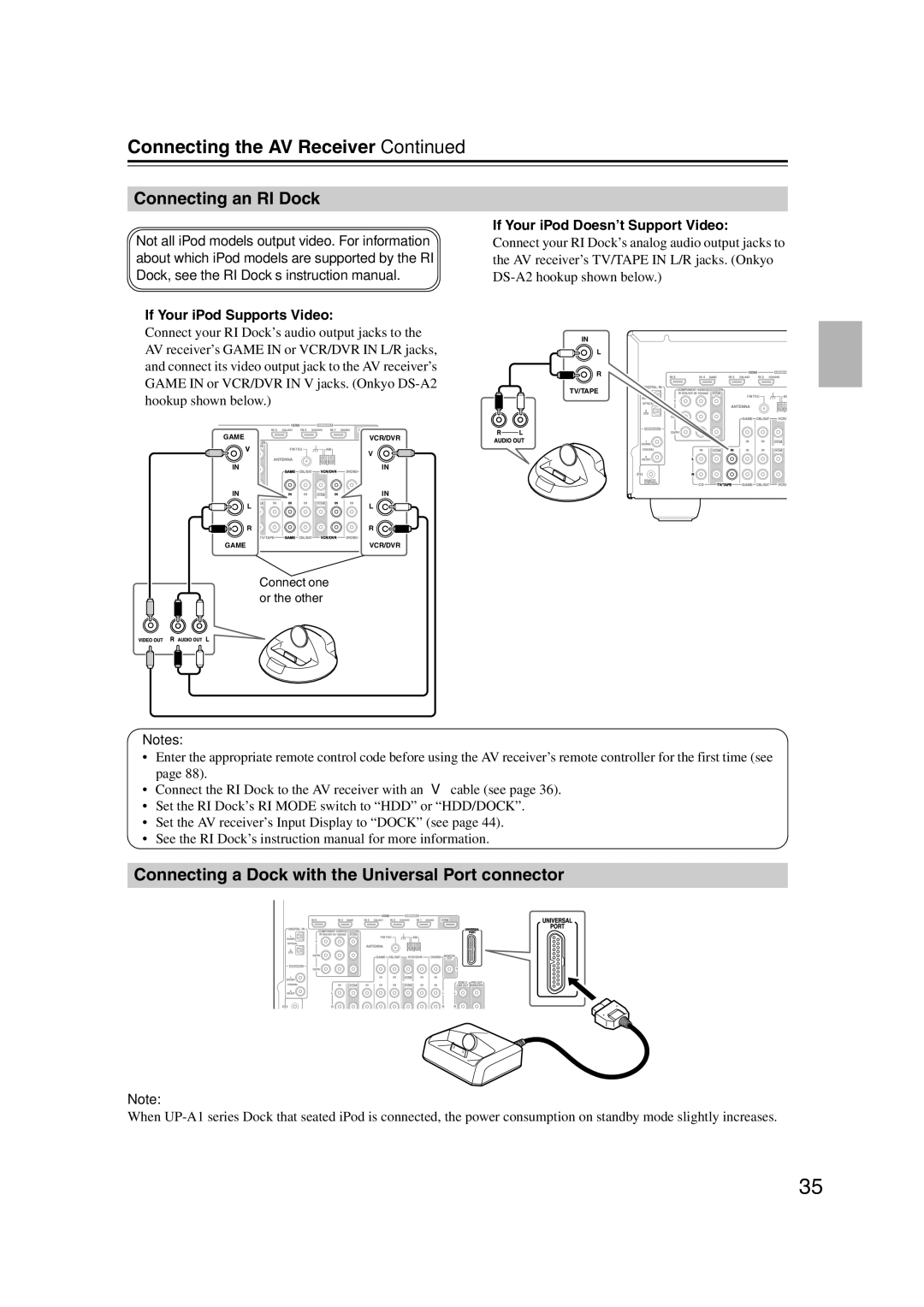 Onkyo 29400095 Connecting an RI Dock, Connecting a Dock with the Universal Port connector, If Your iPod Supports Video 