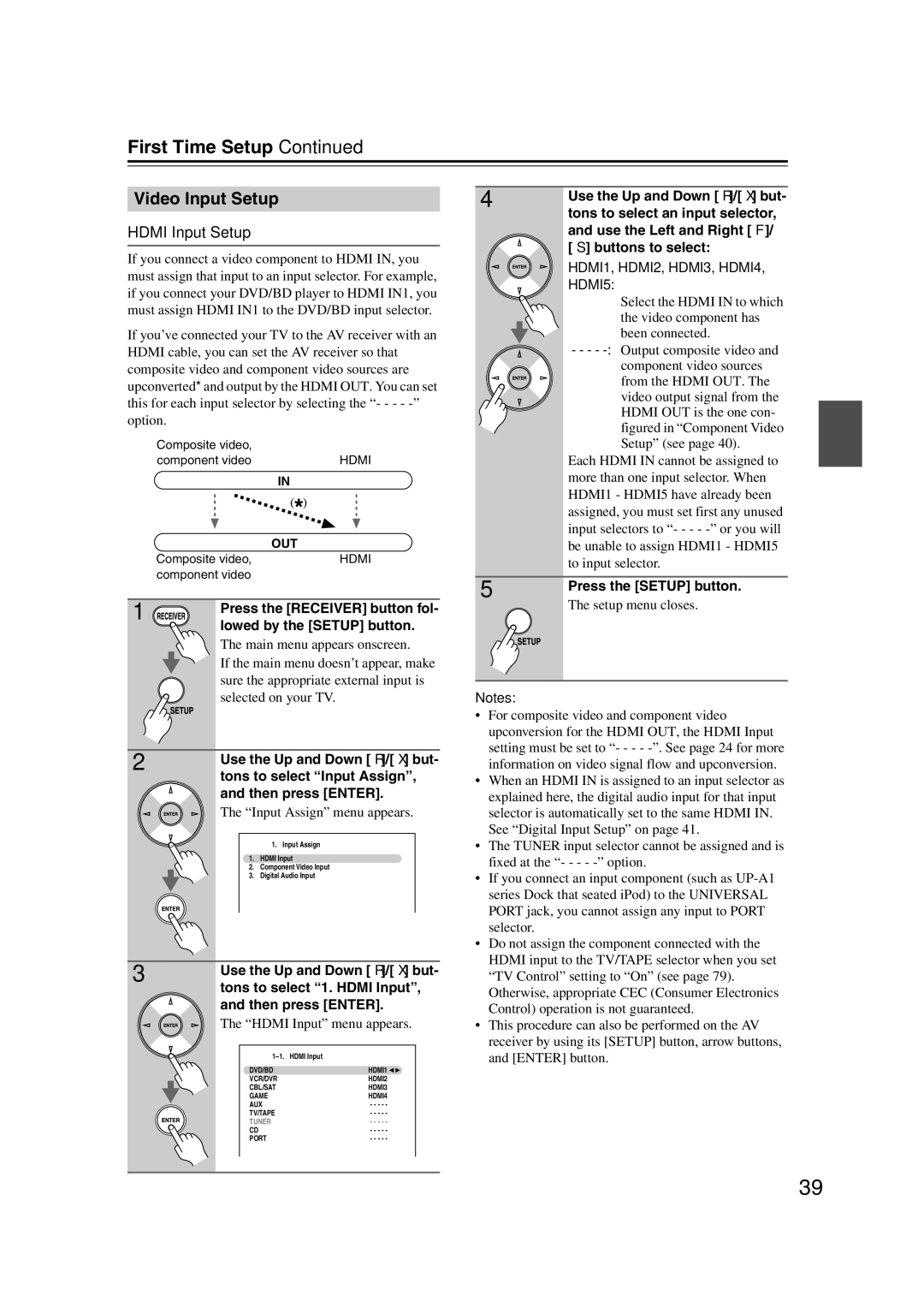 Onkyo 29400095 instruction manual First Time Setup, Video Input Setup, Hdmi Input Setup 