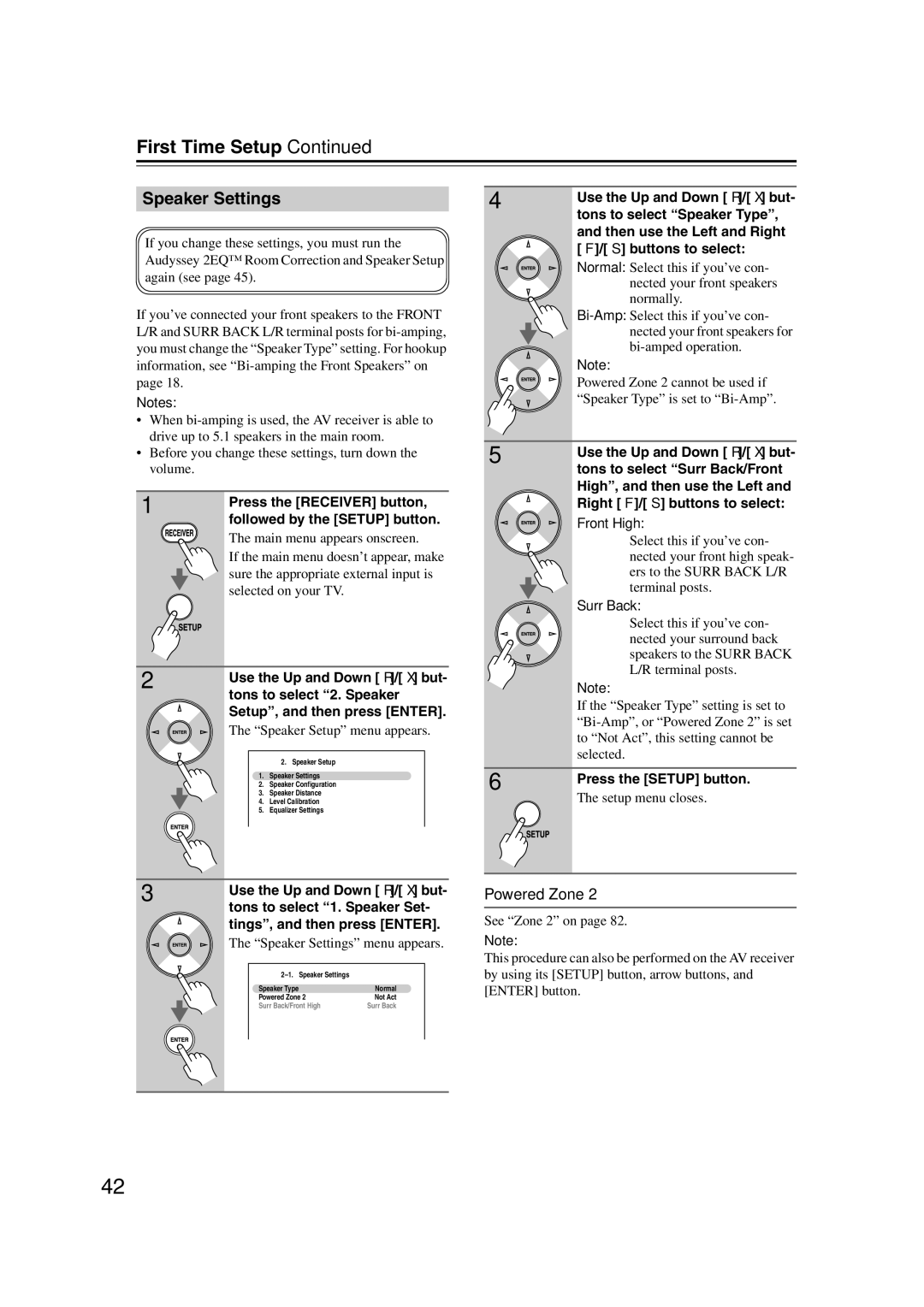 Onkyo 29400095 instruction manual Speaker Settings, Powered Zone, Press the Receiver button Followed by the Setup button 