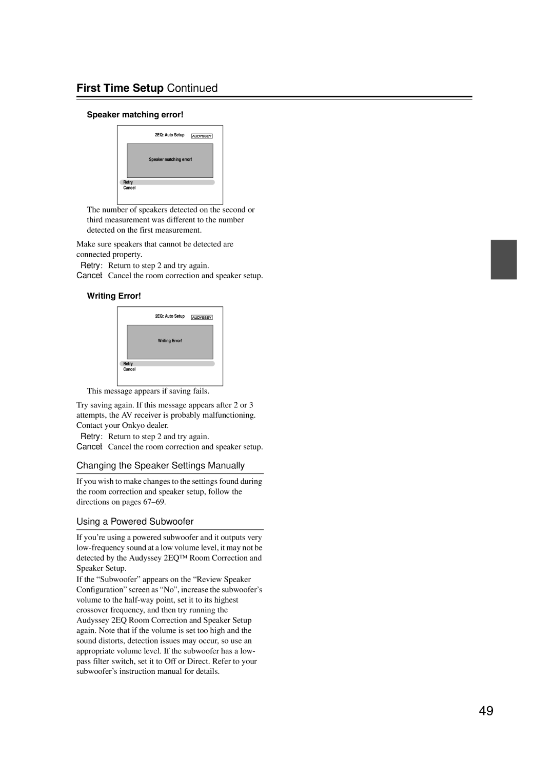 Onkyo 29400095 Changing the Speaker Settings Manually, Using a Powered Subwoofer, Speaker matching error, Writing Error 