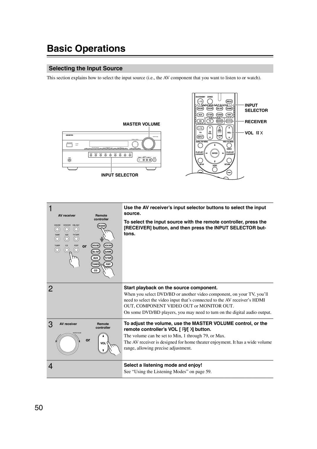 Onkyo 29400095 instruction manual Basic Operations, Selecting the Input Source, OUT, Component Video OUT or Monitor OUT 