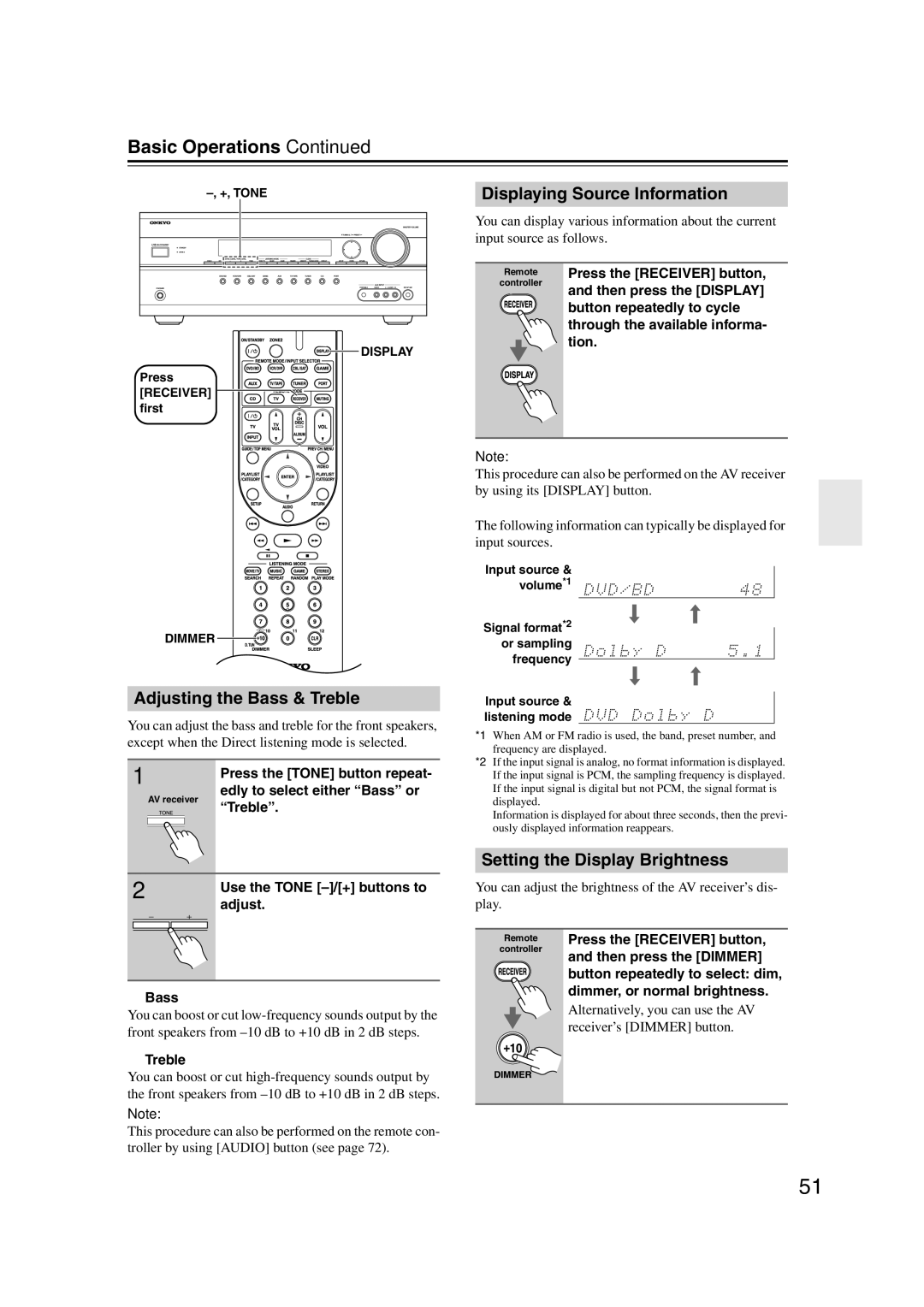 Onkyo 29400095 instruction manual Basic Operations, Adjusting the Bass & Treble, Displaying Source Information 