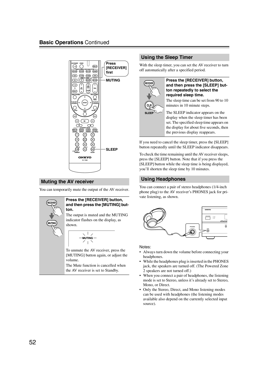 Onkyo 29400095 instruction manual Using the Sleep Timer, Muting the AV receiver, Using Headphones 