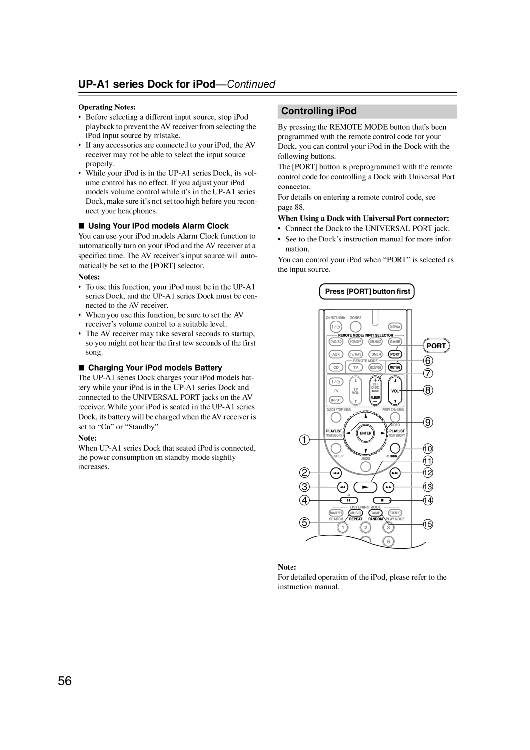 Onkyo 29400095 instruction manual UP-A1 series Dock for iPod, Controlling iPod, Using Your iPod models Alarm Clock 