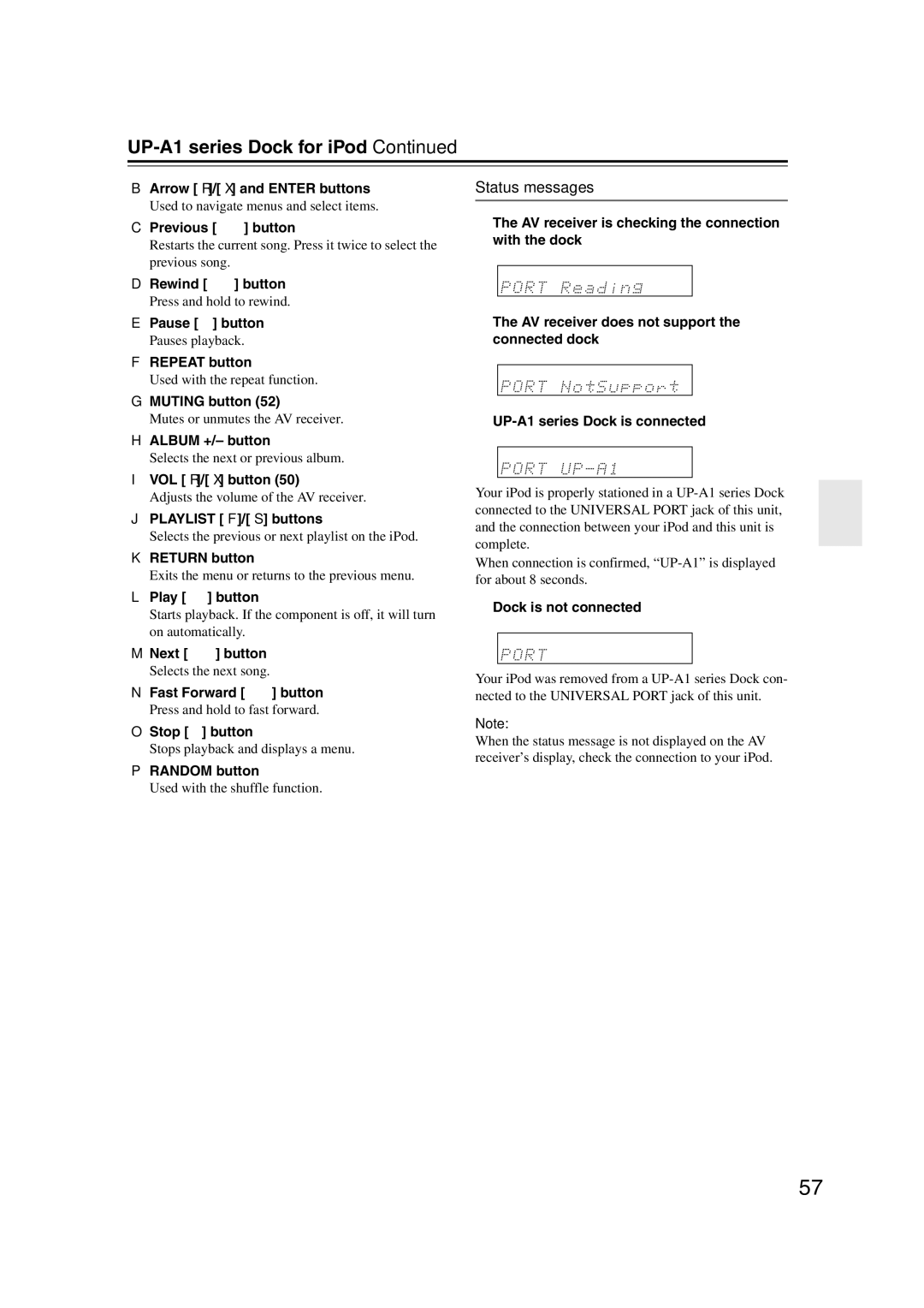 Onkyo 29400095 instruction manual Status messages 