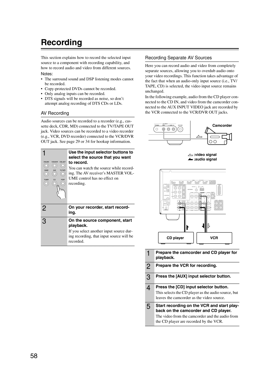 Onkyo 29400095 instruction manual AV Recording, Recording Separate AV Sources 