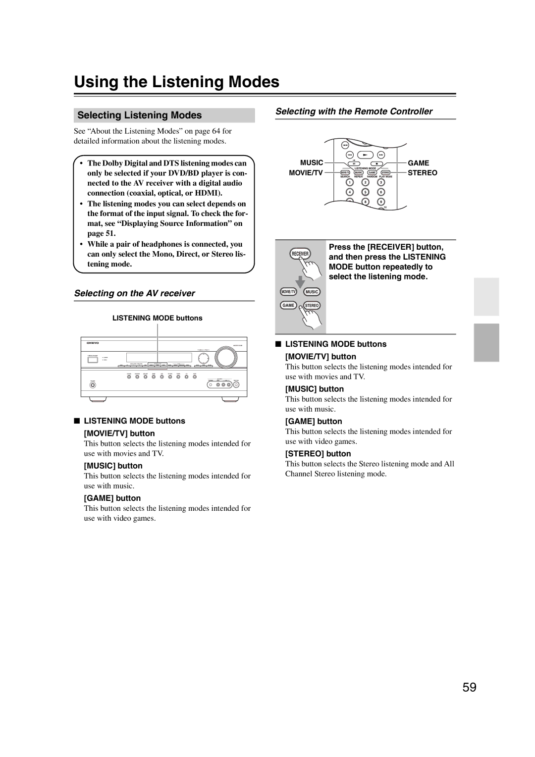 Onkyo 29400095 instruction manual Using the Listening Modes, Selecting Listening Modes, Selecting on the AV receiver 