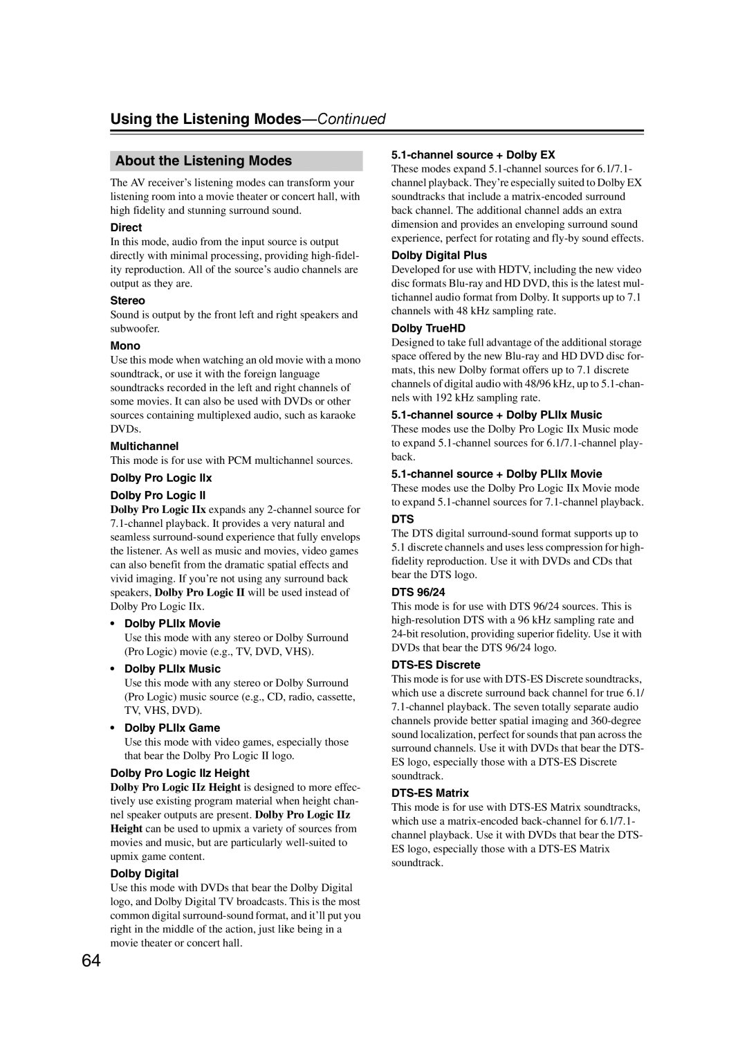 Onkyo 29400095 instruction manual About the Listening Modes 