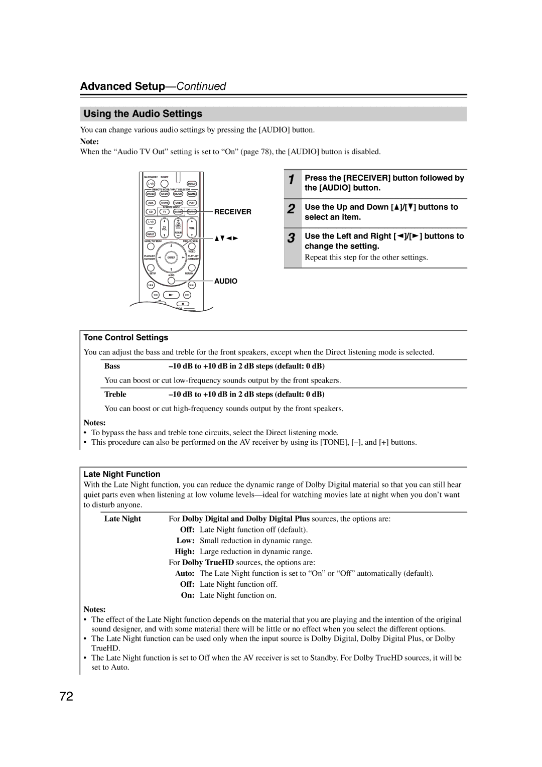 Onkyo 29400095 instruction manual Using the Audio Settings 