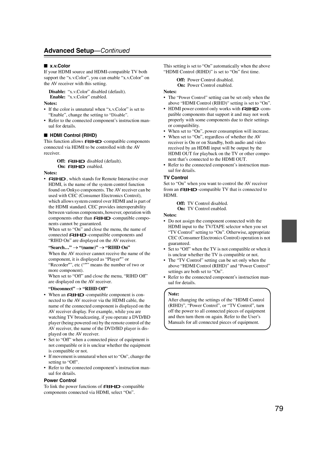 Onkyo 29400095 instruction manual Color, Hdmi Control Rihd, Disconnect → Rihd Off, Power Control, TV Control 