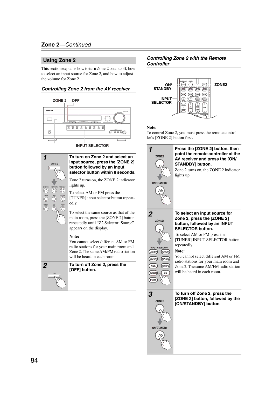 Onkyo 29400095 Using Zone, Controlling Zone 2 from the AV receiver, Controlling Zone 2 with the Remote Controller 