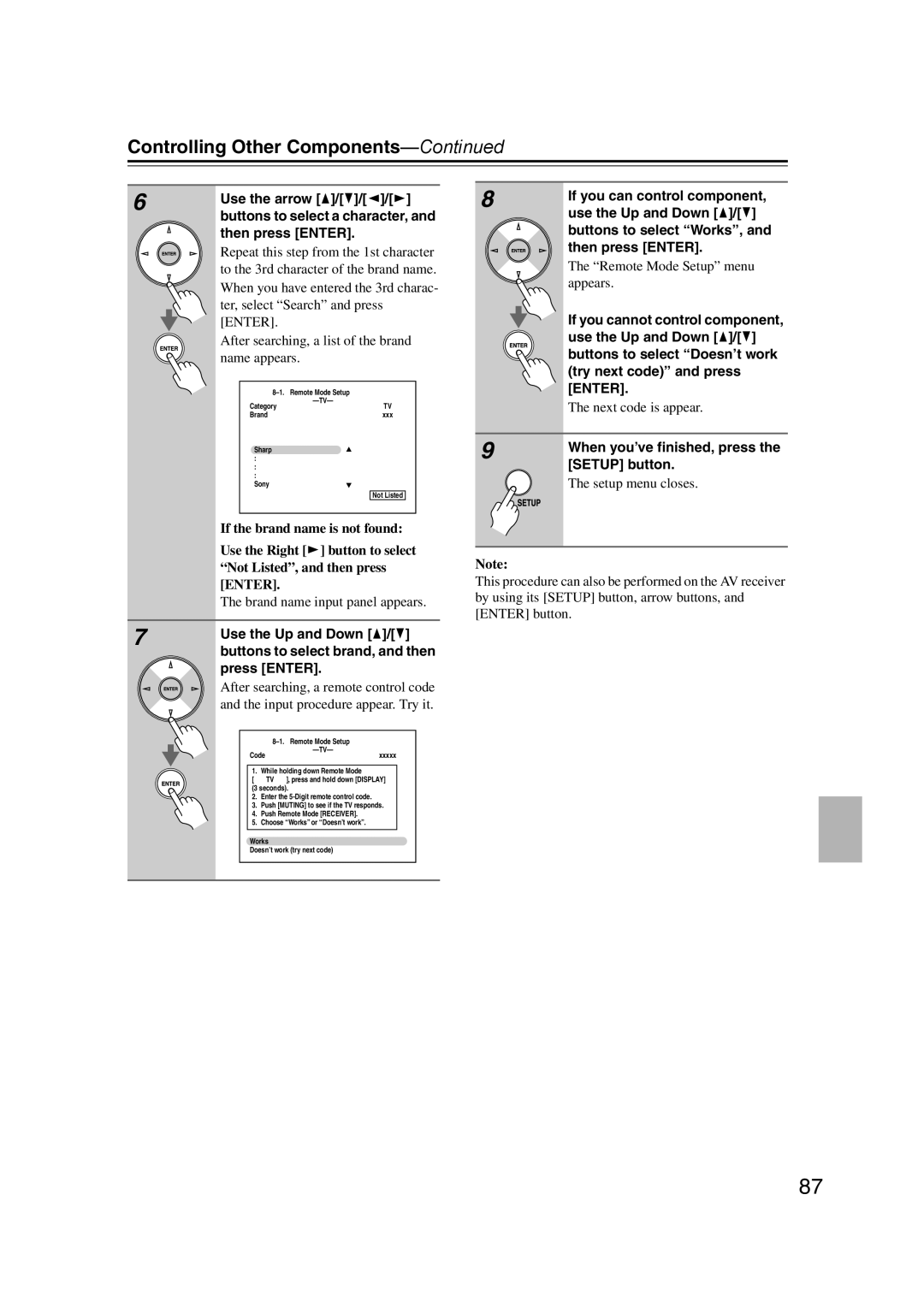 Onkyo 29400095 Controlling Other Components, If you can control component, Buttons to select Works, Remote Mode Setup menu 