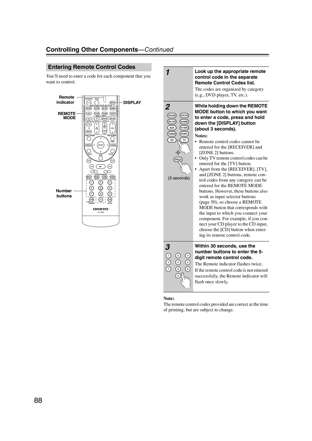 Onkyo 29400095 instruction manual Entering Remote Control Codes 