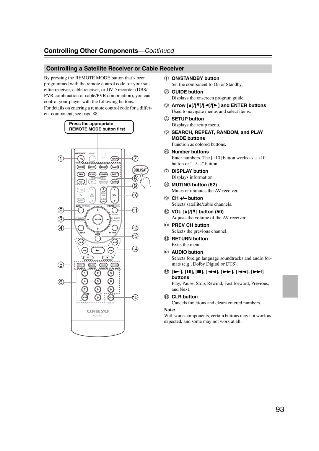 Onkyo 29400095 instruction manual Controlling a Satellite Receiver or Cable Receiver 