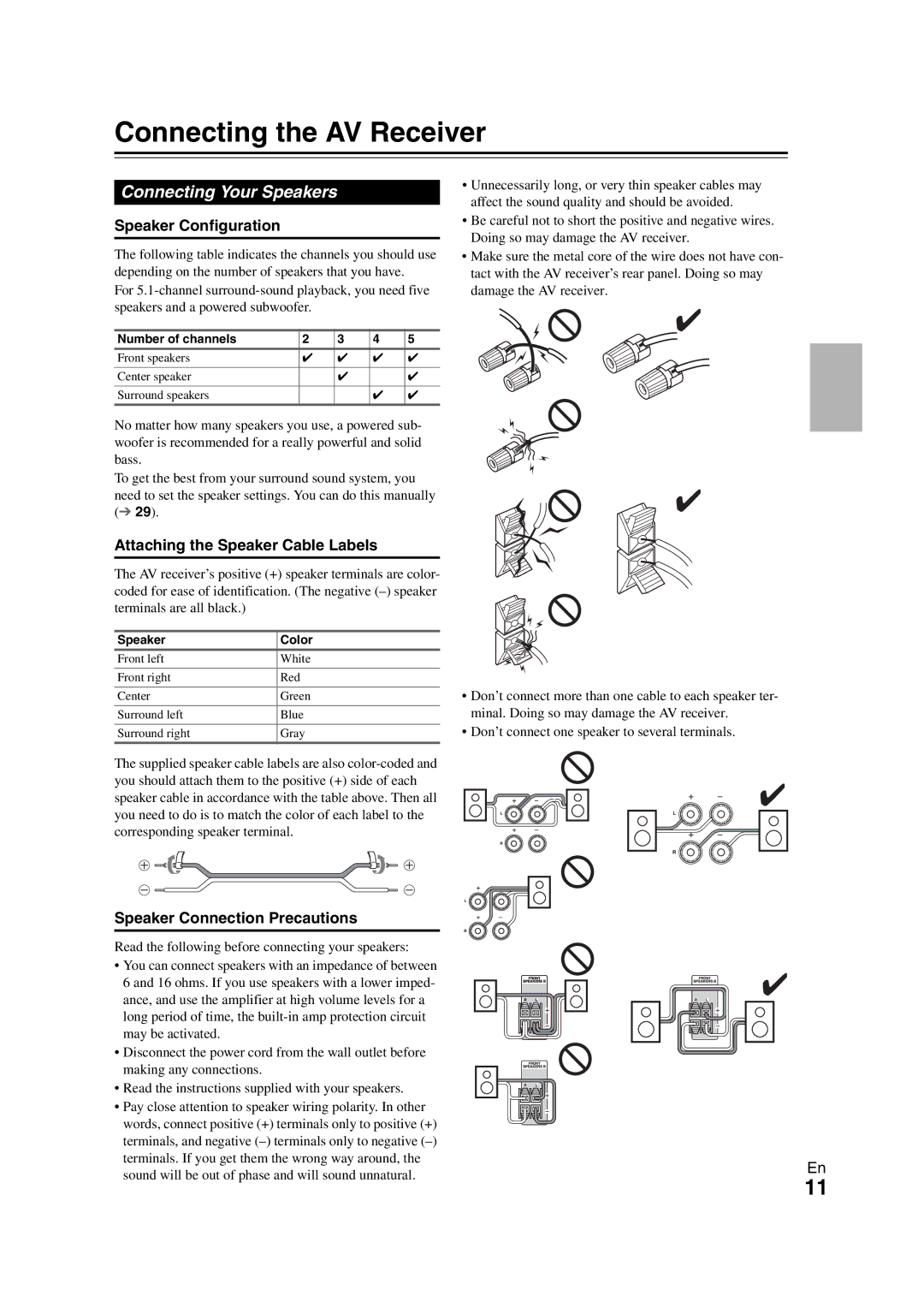 Onkyo 29400468 Connecting the AV Receiver, Connecting Your Speakers, Speaker Configuration, Speaker Connection Precautions 