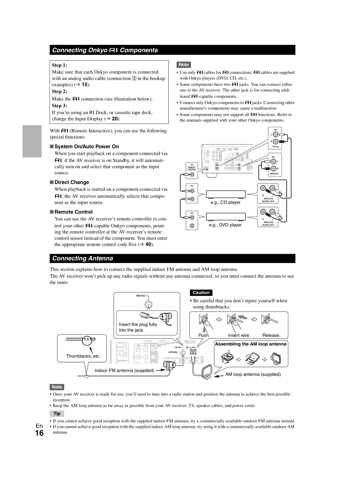 Onkyo 29400468 Connecting Onkyo uComponents, Connecting Antenna, System On/Auto Power On, Direct Change, Remote Control 