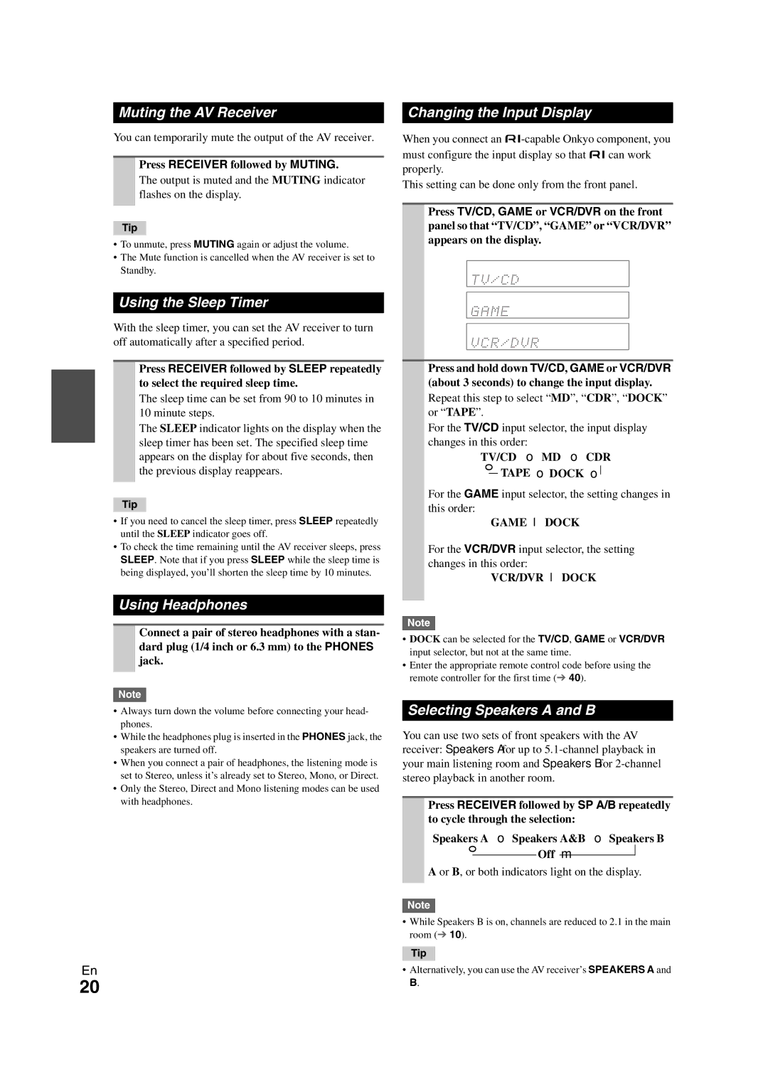 Onkyo 29400468 Muting the AV Receiver, Using the Sleep Timer, Using Headphones, Changing the Input Display 