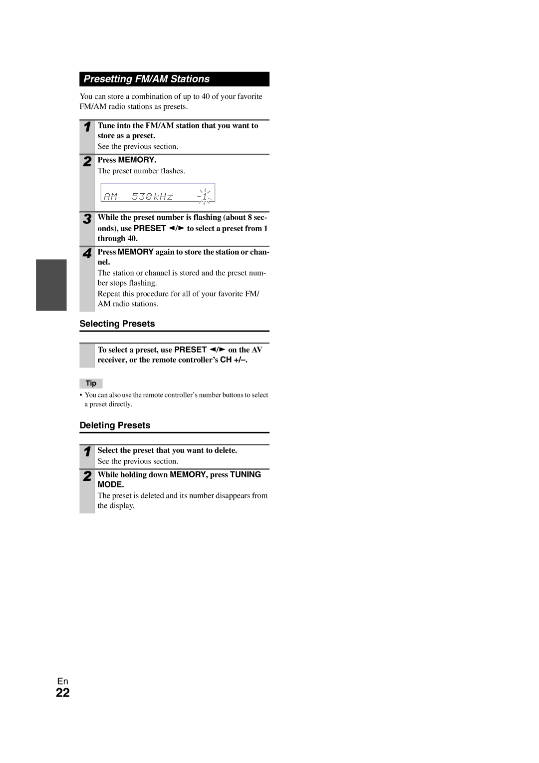 Onkyo 29400468 instruction manual Presetting FM/AM Stations, Selecting Presets, Deleting Presets 