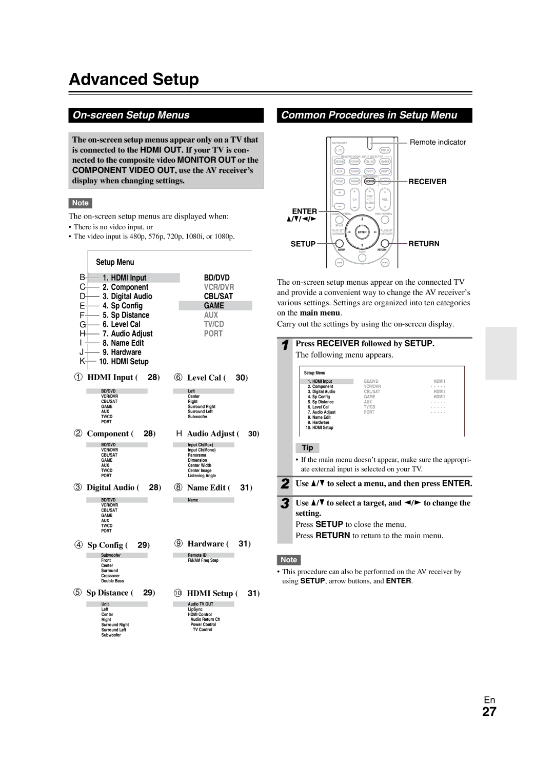 Onkyo 29400468 instruction manual Advanced Setup, On-screen Setup Menus, Common Procedures in Setup Menu 