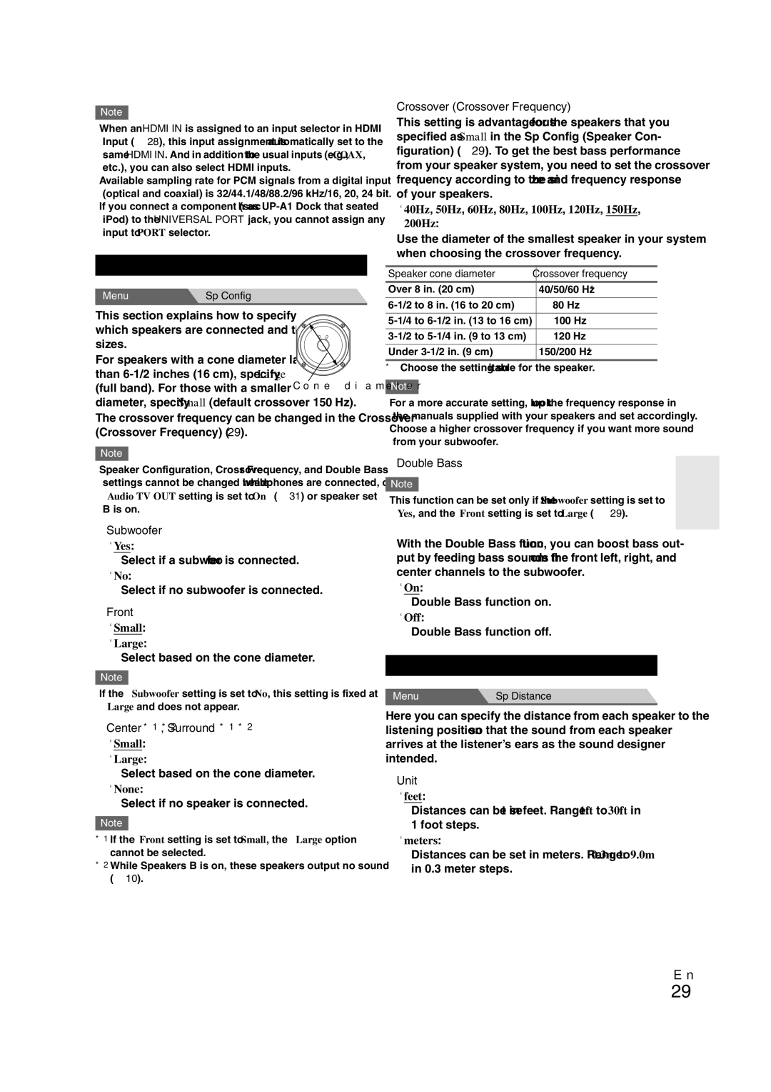 Onkyo 29400468 instruction manual Sp Config Speaker Configuration, Sp Distance Speaker Distance 