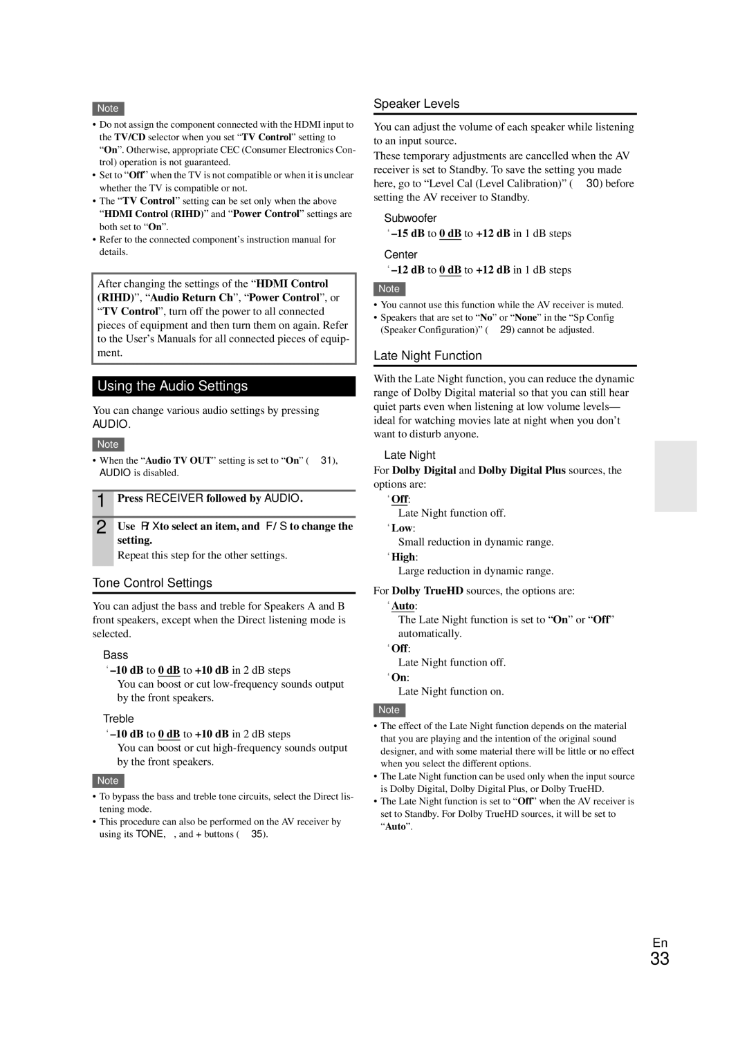 Onkyo 29400468 instruction manual Using the Audio Settings, Tone Control Settings, Speaker Levels, Late Night Function 