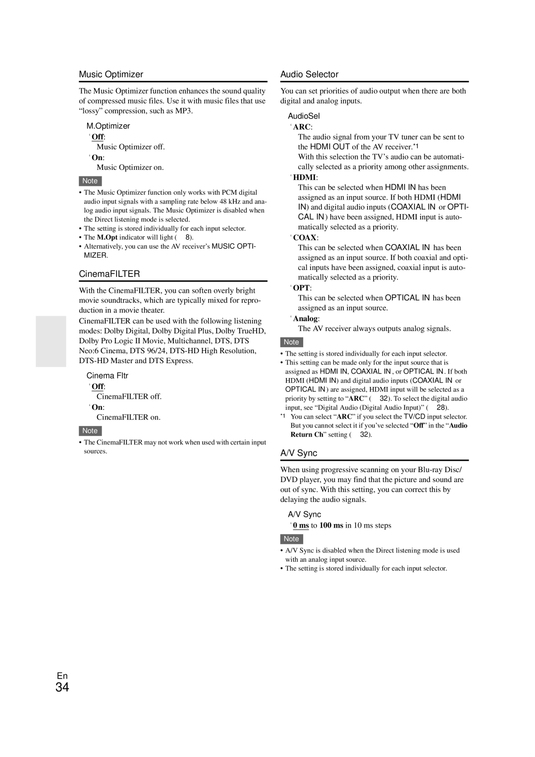 Onkyo 29400468 instruction manual Music Optimizer, CinemaFILTER, Audio Selector, Sync 