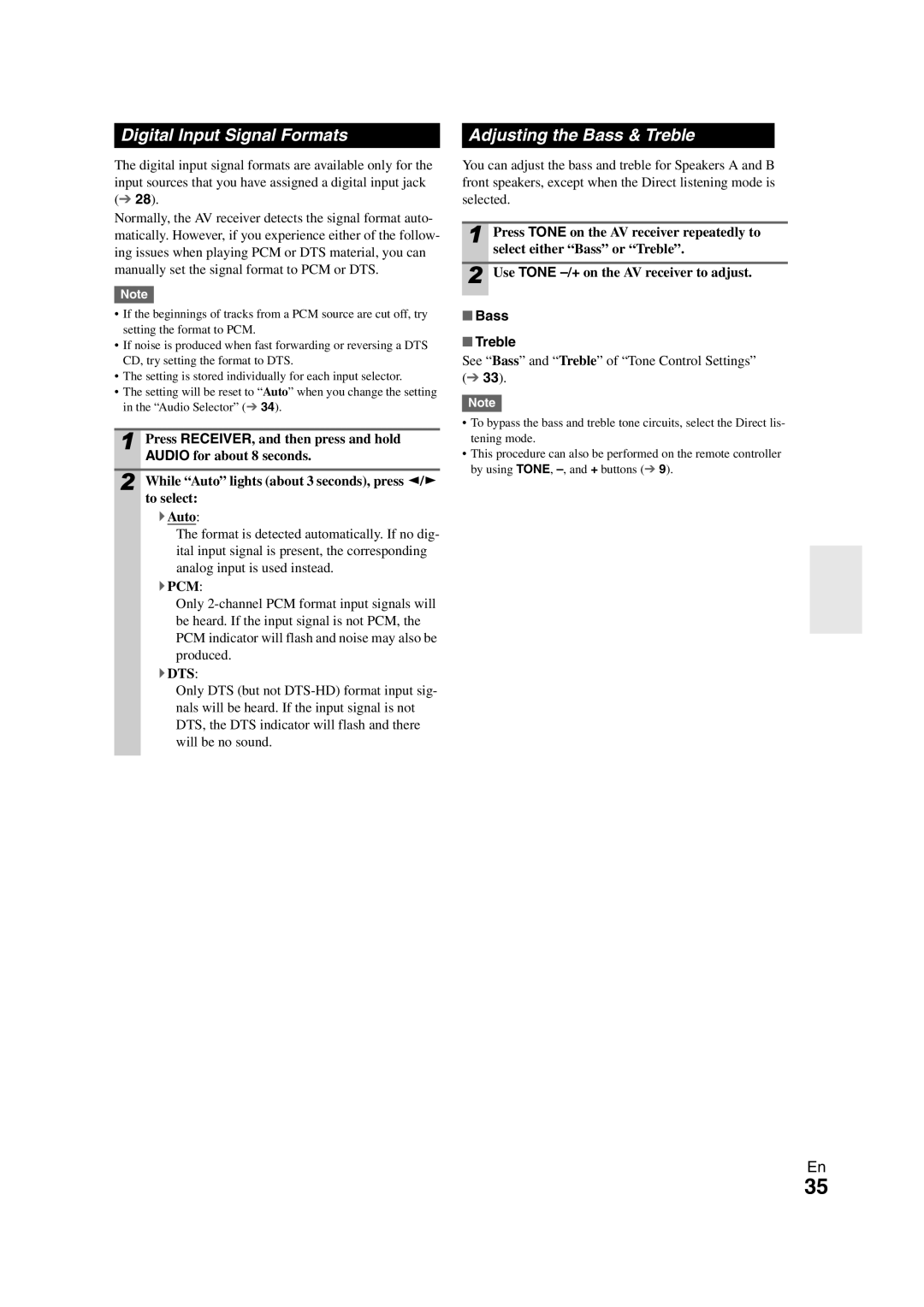 Onkyo 29400468 instruction manual Digital Input Signal Formats, Adjusting the Bass & Treble, Bass Treble 