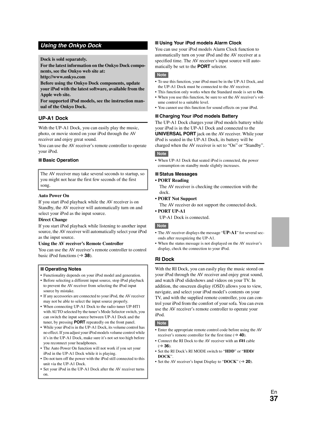 Onkyo 29400468 instruction manual Using the Onkyo Dock, UP-A1 Dock, RI Dock 