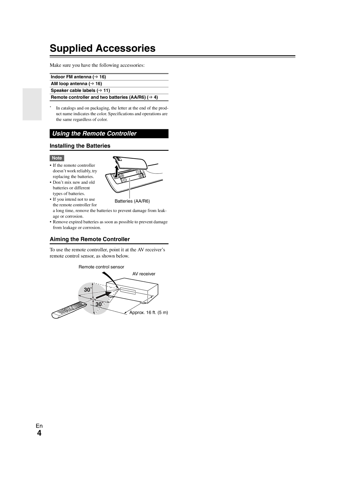 Onkyo 29400468 Supplied Accessories, Using the Remote Controller, Installing the Batteries, Aiming the Remote Controller 