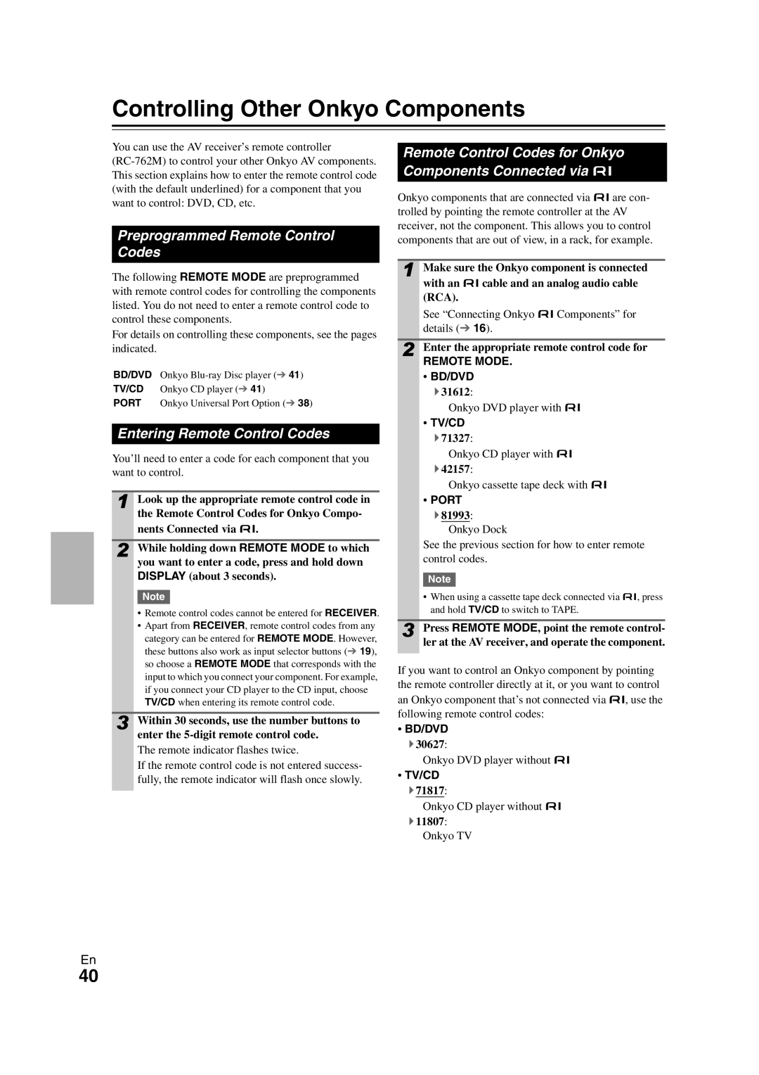 Onkyo 29400468 Controlling Other Onkyo Components, Preprogrammed Remote Control Codes, Entering Remote Control Codes 