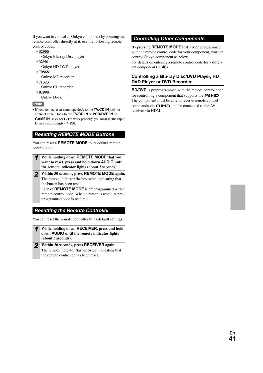 Onkyo 29400468 Controlling Other Components, Resetting Remote Mode Buttons, Resetting the Remote Controller 