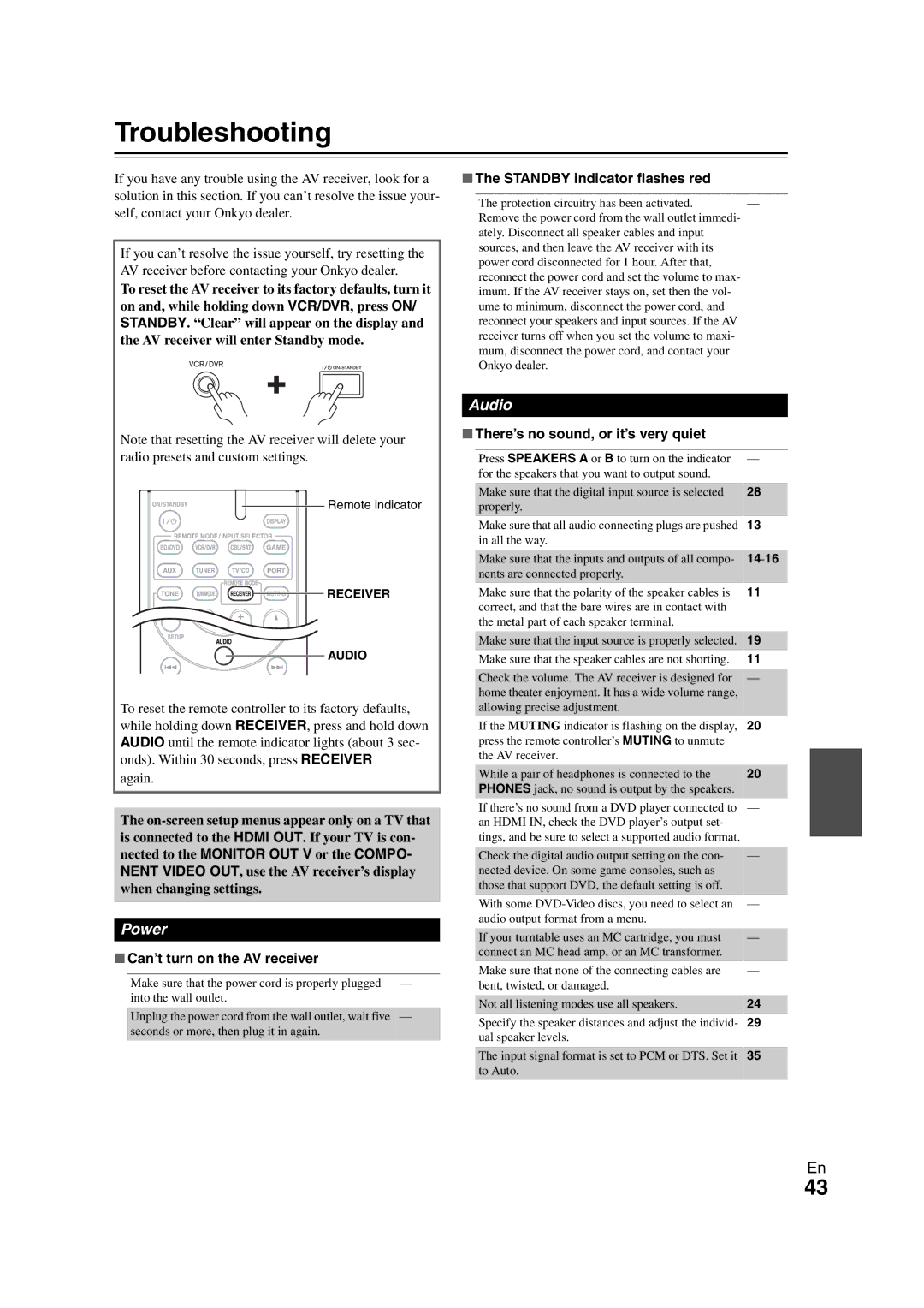 Onkyo 29400468 instruction manual Troubleshooting, Can’t turn on the AV receiver, Standby indicator flashes red 